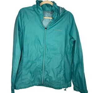 Columbia Full Zip Windbreaker Women's Size Large Blue Hooded Lightweight